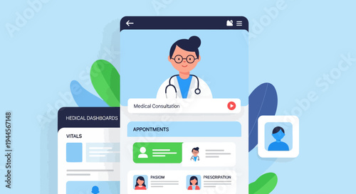Mobile application interface for medical consultation and online doctor appointments, featuring a doctor avatar and dashboard.