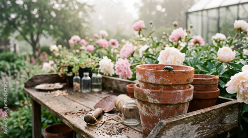 Wallpaper Mural Gardening workbench with peonies and beetle Torontodigital.ca