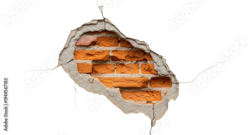 Obraz na plátně Damaged wall with exposed brick PNG isolated on transparent background, cracked