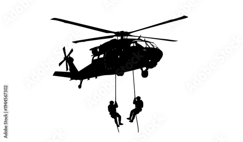 Military Helicopter Silhouette with Soldiers Rappelling – Vector Illustration