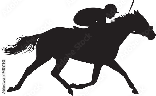 Jockey riding racehorse vector silhouette illustration side view line art on transparent background