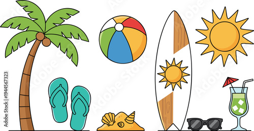 Tropical beach vacation vector collection featuring a palm tree surfboard beach ball flip flops sunglasses and refreshing summer cocktail with sun.