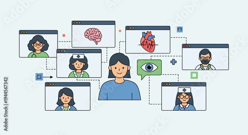 A central patient figure connected to a network of diverse medical professionals and anatomical representations through multiple digital windows, illustrating telemedicine and remote healthcare.