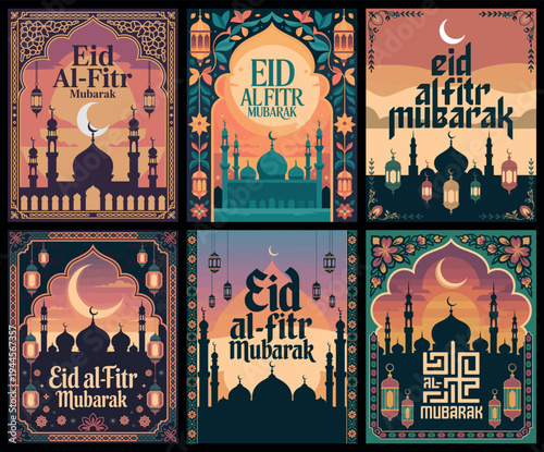 Eid al Fitr Mubarak Calligraphy with Mosque and Crescent Moon Design