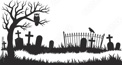 Silhouette of a cemetery with a tree an owl and a crow on a fence graveyard tombstones crosses