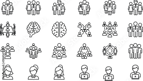 People Teamwork and Leadership Line Icons Set Business Group Communication Network and Human Brain Symbols