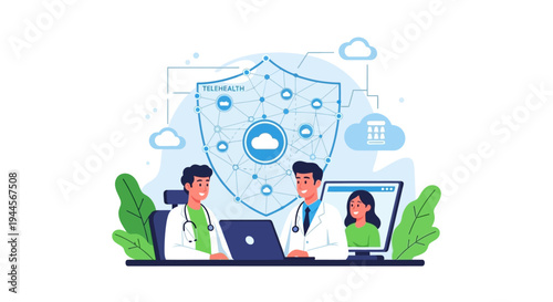 Healthcare professionals leveraging digital technology for secure medical data management and virtual patient care, featuring telemedicine and cloud infrastructure.