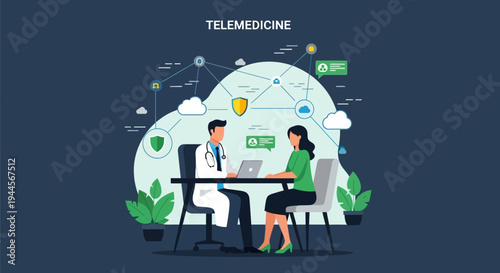 Illustration of a doctor consulting a patient via telemedicine, featuring a secure digital network, cloud services, and chat bubbles in the background.