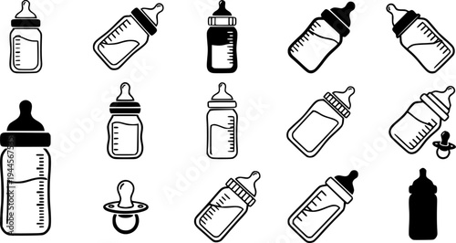 Baby bottle icons set black and white illustrations.