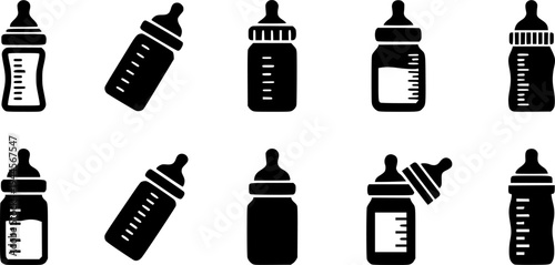 Baby bottle icons set black and white illustrations.