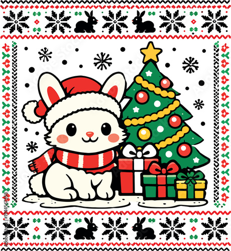 Cute kawaii bunny in Santa hat with Christmas tree and gifts, ugly sweater border vector