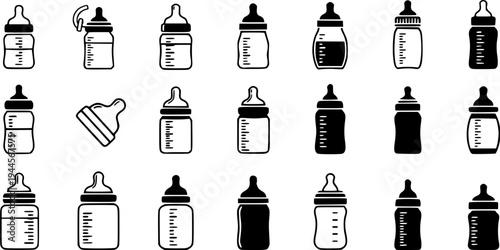 Baby bottle icons set black and white illustrations.