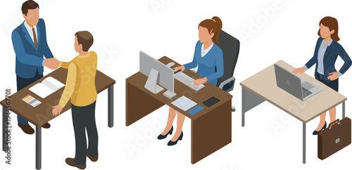Business professionals working in office, handshake meeting, computer desk work and laptop workspace corporate job isometric vector illustration