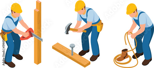 Carpenter construction worker using hand tools, sawing wood and hammering nails, woodworking repair and installation professional illustration