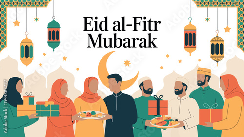 Eid al Fitr Mubarak Festival Designs with Mosque, Family, and Gifts Illustration
