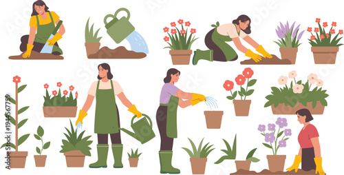 Women gardening with plants and watering cans in various colorful scenes pots