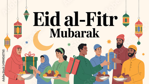 Eid al Fitr Mubarak Festival Designs with Mosque, Family, and Gifts Illustration