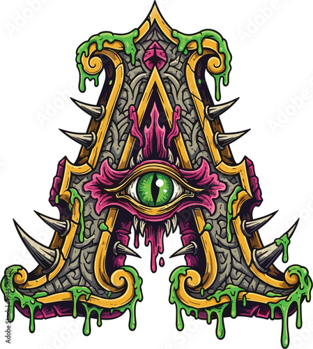Spooky gothic alphabet letter A with monster eye, slime drips and spikes, horror fantasy typography illustration, creepy Halloween decorative font design