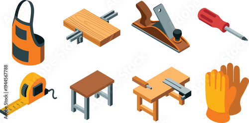 Carpentry tools and woodworking equipment set, apron plane screwdriver tape measure workbench gloves professional carpenter workshop illustration vector