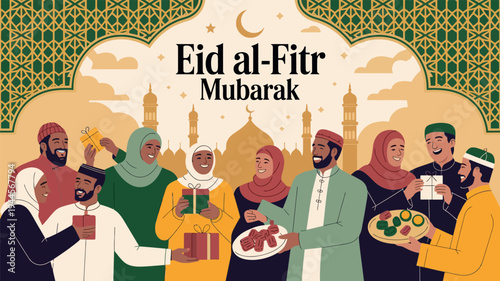Eid al Fitr Mubarak Festival Designs with Mosque, Family, and Gifts Illustration