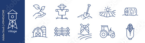Village set icon. Collection with water tower, hand plant, scarecrow, shovel soil, sunrise field, hay bale, barn silo, fence, windmill, tractor, corn cob.