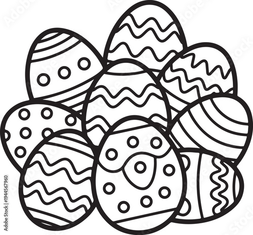 Easter egg icon set. Features cracked shell .Decorated Easter Eggs Collection Illustration  ,decorated patterns, and chocolate egg with ribbon bow. Black linear vector with editable stroke. Minimalist