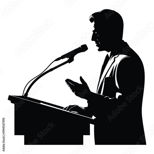 Silhouette of a politician speaking at a podium with microphone with public speaking with black and white