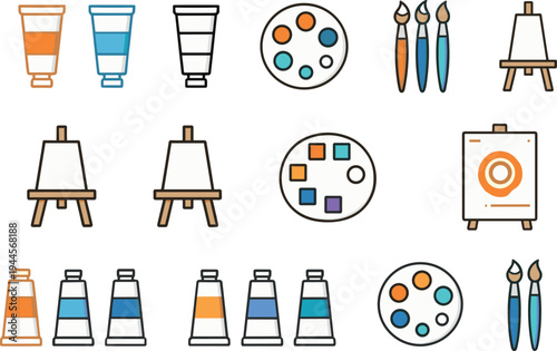 Modern line art set of painting tools icons including paint tubes palette brushes easel and art supplies minimal vector illustration for creative design education