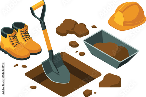 Construction tools set with shovel safety helmet work boots wheelbarrow and digging hole, building equipment isometric vector illustration