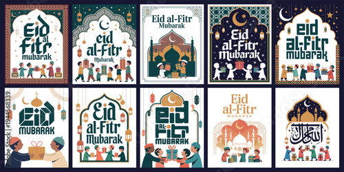 Eid al Fitr Mubarak Festival Designs with Mosque, Family, and Gifts Illustration