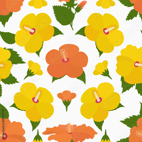 Yellow and orange hibiscus flower seamless pattern, tropical exotic floral background with buds and leaves, flat vector illustration.