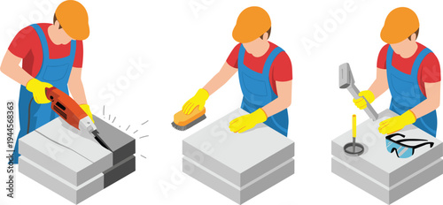 Construction worker cutting cleaning and hammering concrete blocks, masonry repair process with tools and safety equipment vector illustration