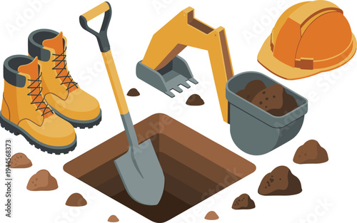 Construction tools and equipment set with shovel excavator bucket safety helmet boots digging hole isometric vector illustration