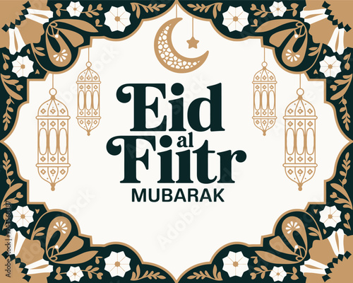 Eid al Fitr Mubarak Lanterns and Floral Design with Crescent Moon