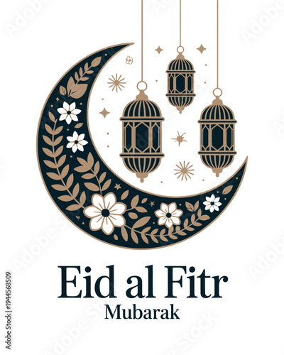 Eid al Fitr Mubarak Crescent Moon, Lanterns, and Flowers Design