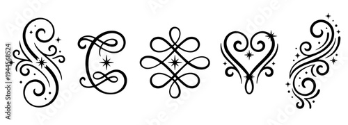 Black Swirl Flourishes Vector Set, Decorative Curved Lines with Sparkle Accents on PNG Background, swirl flourishes, decorative swirls, vector flourishes, ornamental curves, black swirl, flourish png,