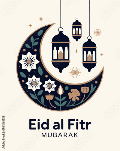 Eid al Fitr Mubarak Crescent Moon, Lanterns, and Flowers Design