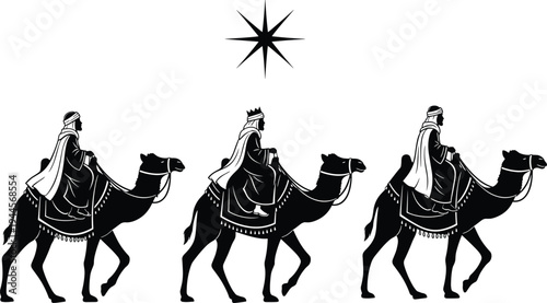 Three Wise Men Riding Camels Following Bethlehem Star Nativity Christmas Biblical Vector Silhouette Illustration