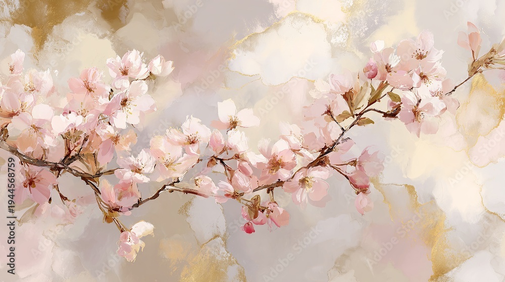 Fototapeta premium Elegant, vintage seamless repeatable pattern featuring cherry blossom branches, abstract gold and pastel accents