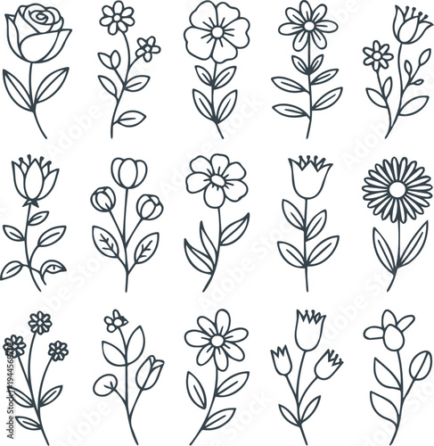 Hand Drawn Flower Line Art Collection - Minimalist Floral Vector Icons Set
