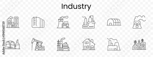 Industry set icon. Outline industrial facilities, factory buildings, storage tank, power plant, refinery, hangar, nuclear sign, pipelines, oil pump, plant complex, warehouse, energy station