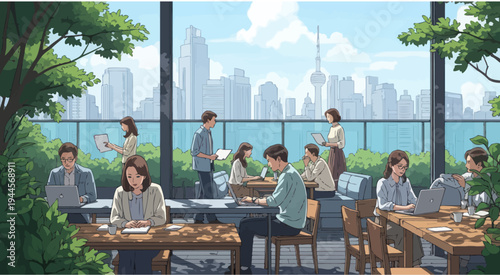 People working in a modern rooftop office oasis with city skyline view