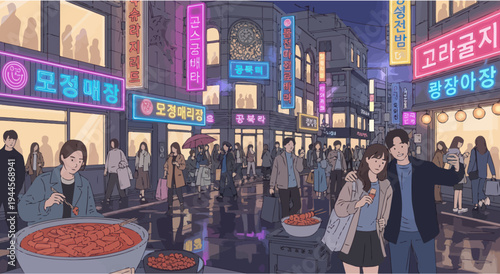 Vibrant Korean street food market at night with neon signs and crowds