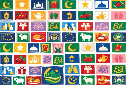 Eid al Fitr Stamp Set with Crescent Moon, Lanterns, Gifts, and Food