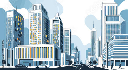 Modern Cityscape with Tall Buildings and Cars on Street