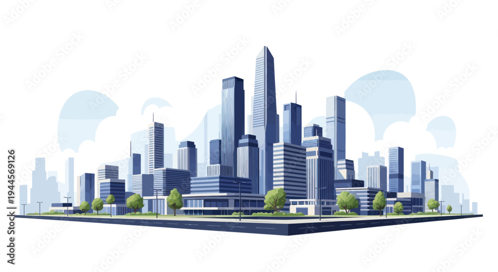 Fototapeta premium Modern Cityscape Skyline Illustration with Tall Buildings and Green Trees