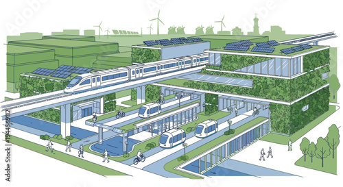 Sustainable city transport hub with green buildings, solar panels, and high-speed trains.