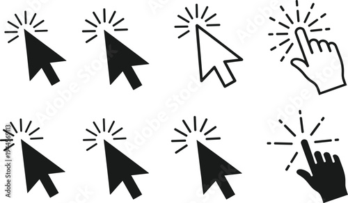 Cursor click icons set, arrow pointer hand symbol, user interface gesture design, digital interaction element, black white vector artwork, web UI graphic