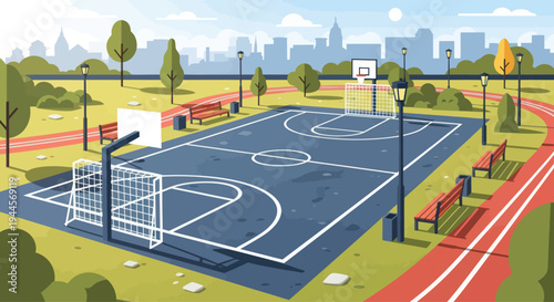 Outdoor basketball court with soccer goals and running track in a city park