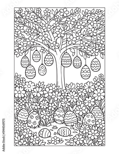 Intricate Easter Eggs Hanging from a Blossoming Tree and Hidden in a Field of Spring Flowers Coloring Page
